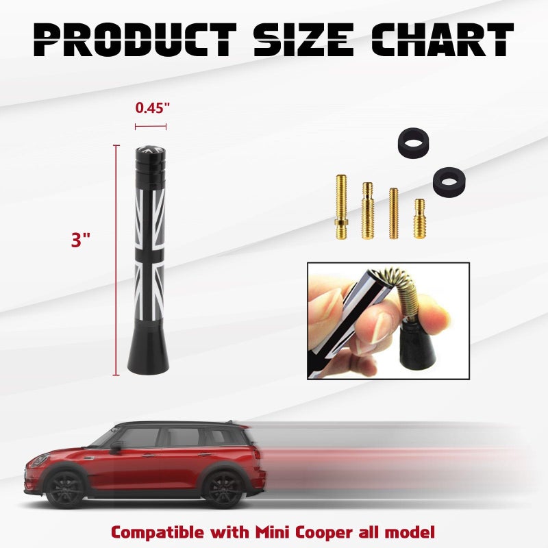 x xotic tech Car Short Antenna Union Jack Flag Theme Compatible with Mini Cooper All Models 3"(Black/Grey) - Image 4